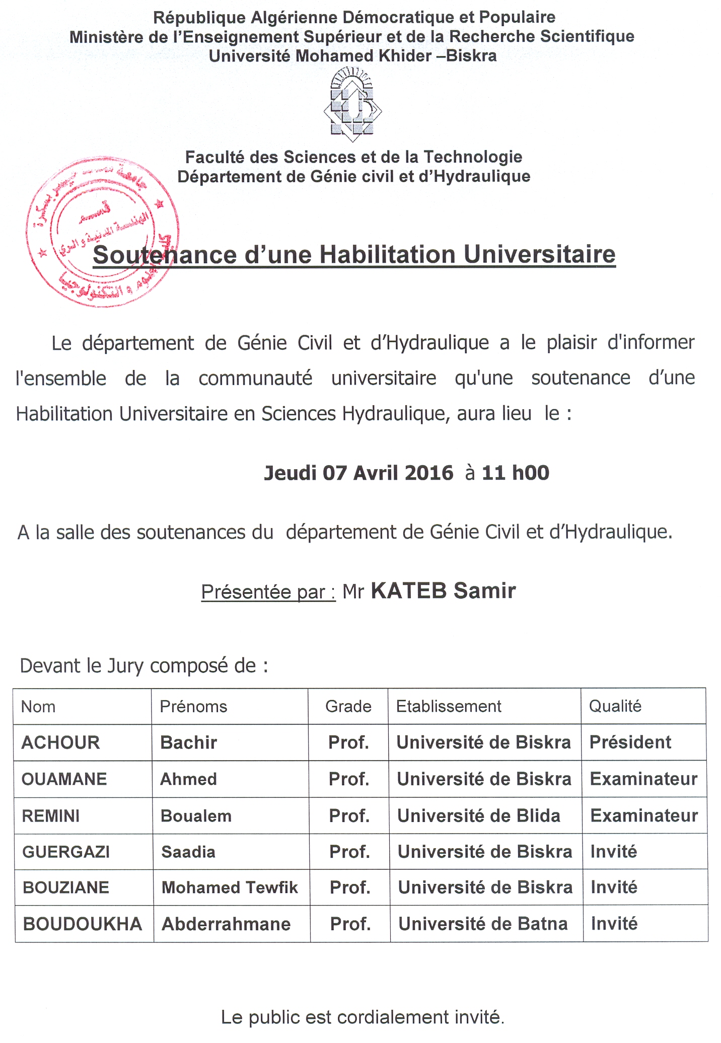 07 Avril 2016 – Mr KATEB Samir