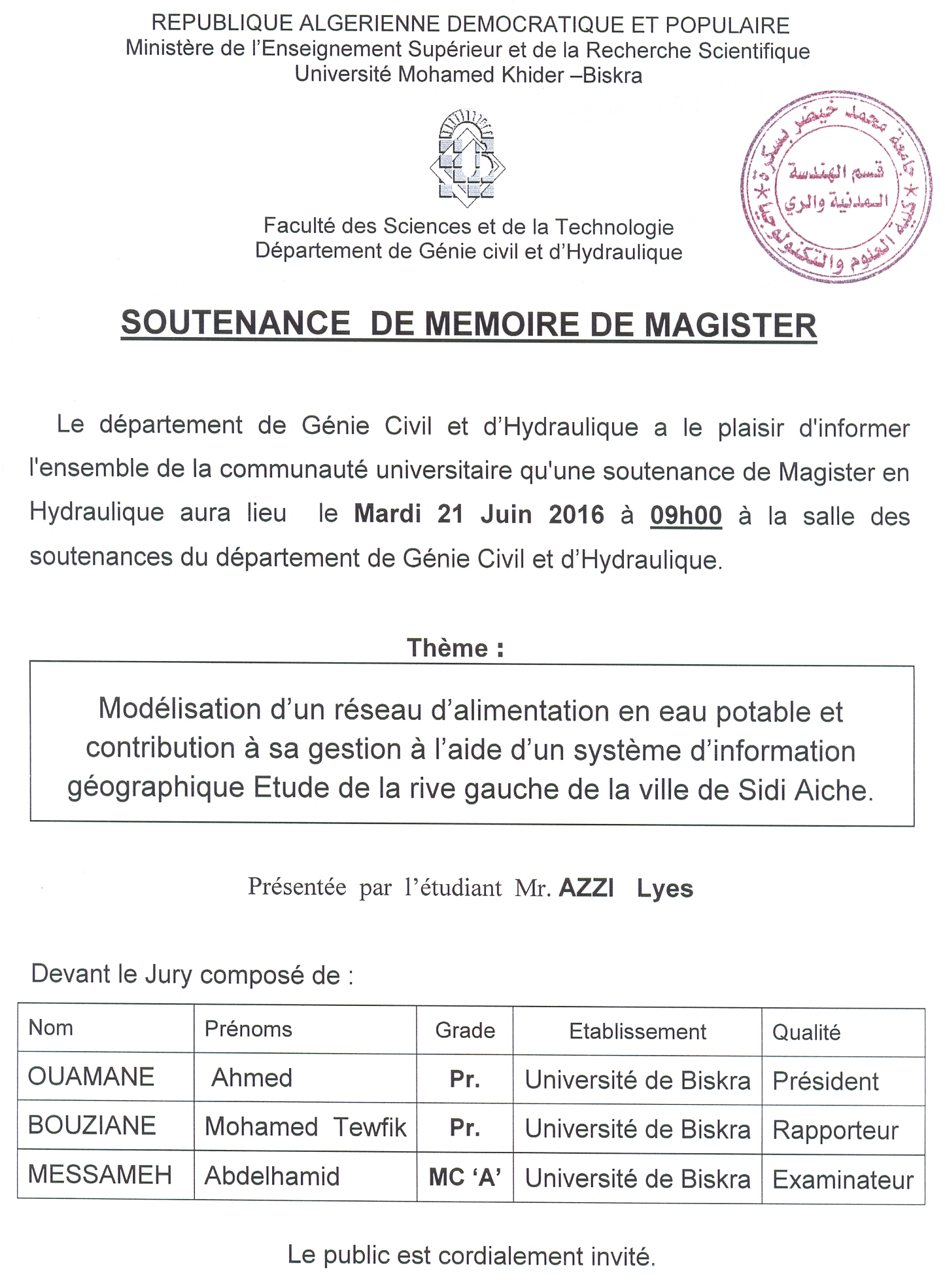 21 Juin 2016 – Mr AZZI Lyes