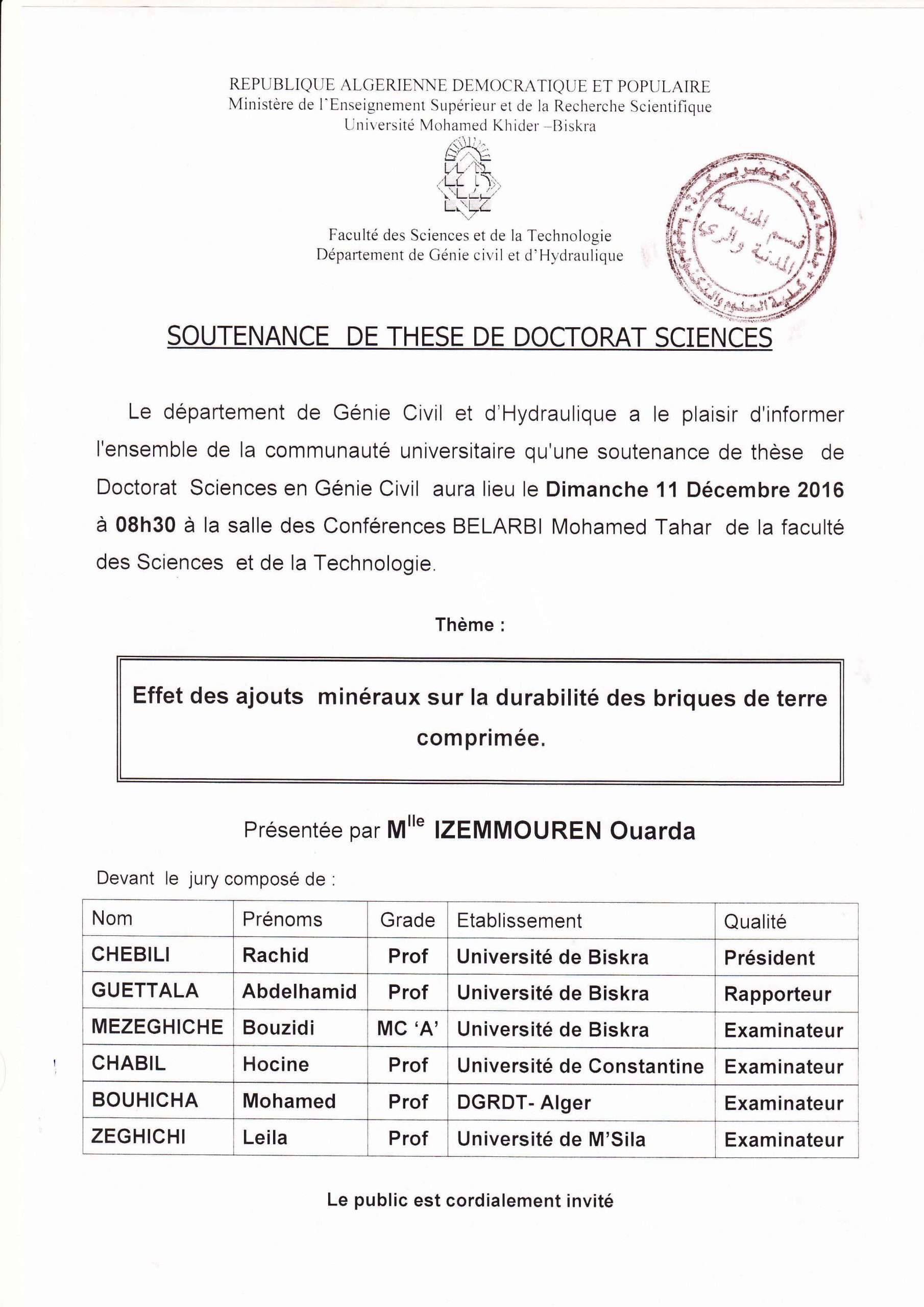 11 Décembre 2016 – Mme IZEMMOUREN Ouarda