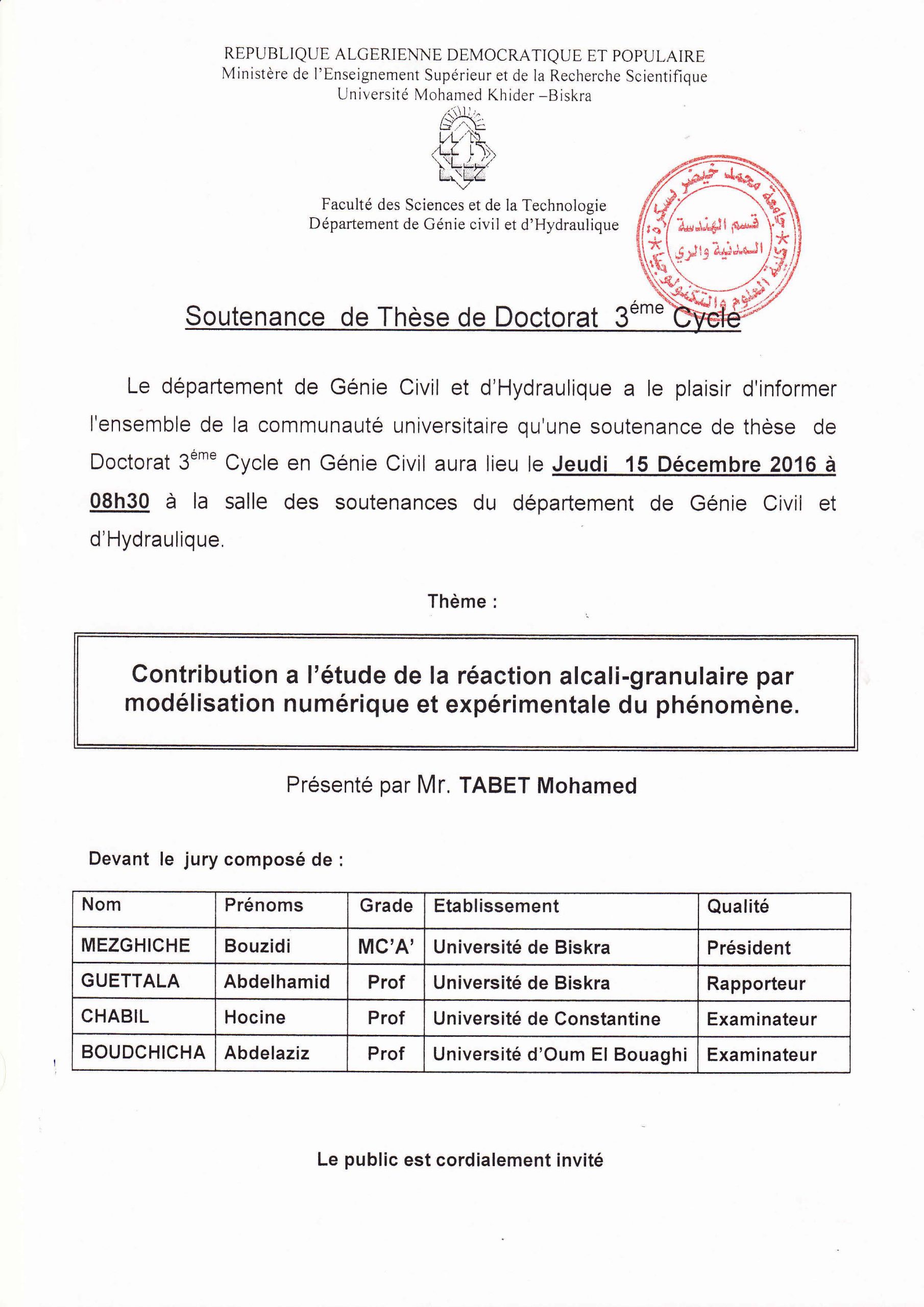 15 Décembre 2016 – Mr TABET Mohamed
