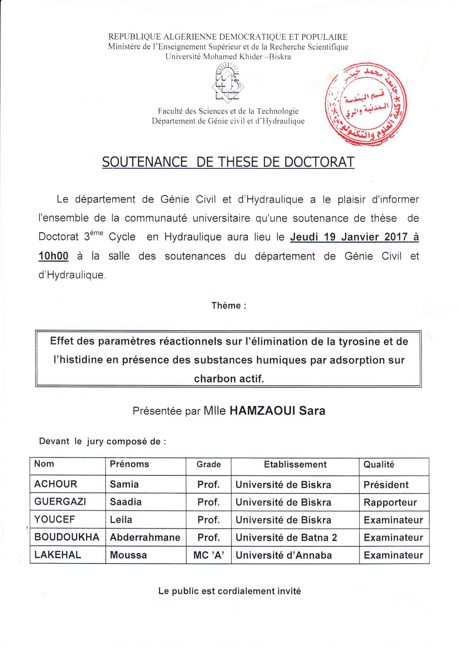 19 Janvier 2017 – Mlle HAMZAOUI Sara