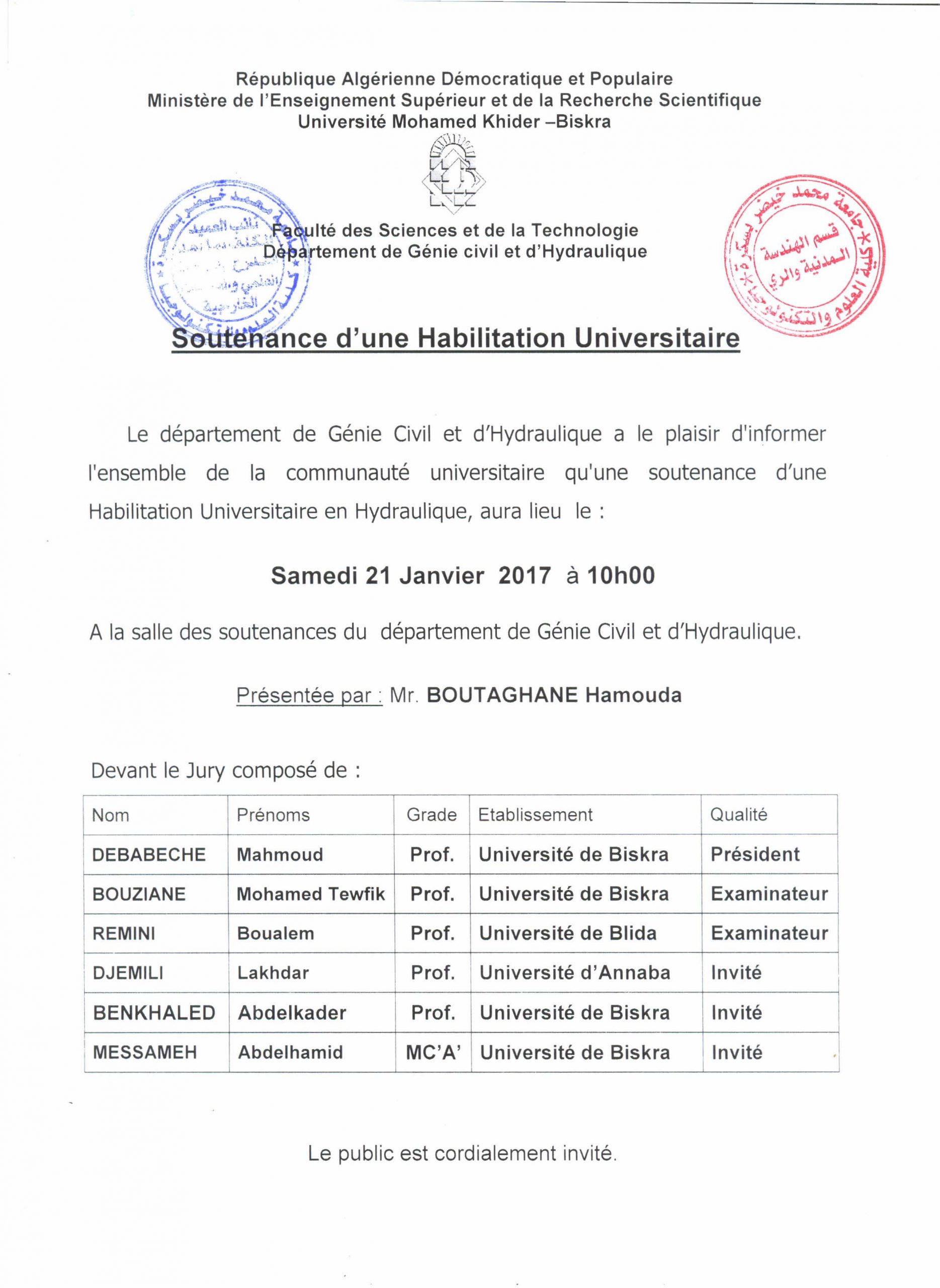 21 Janvier 2017 – Mr BOUTAGHANE Hamouda
