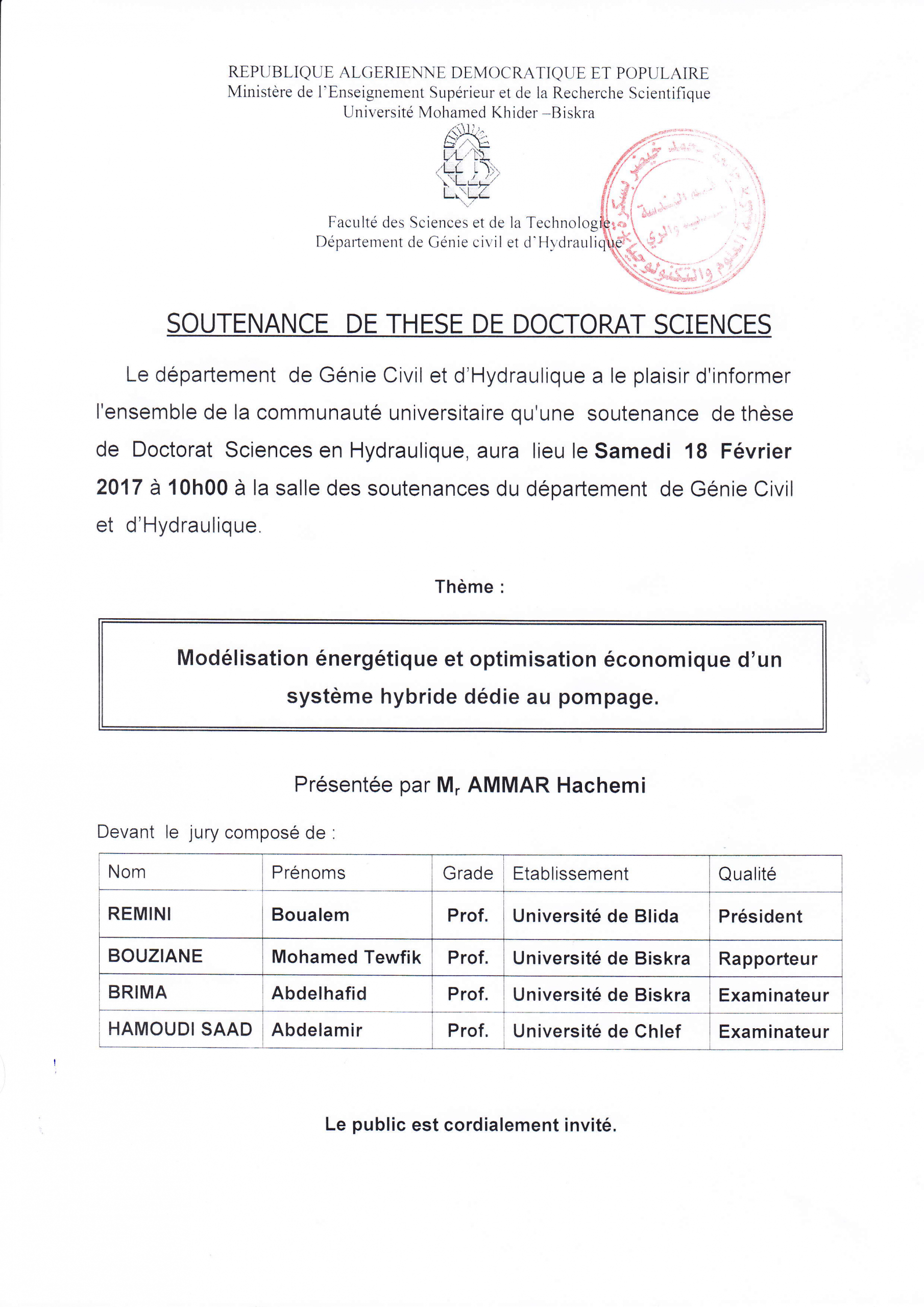 18 Février 2017 – Mr AMMAR Hachemi