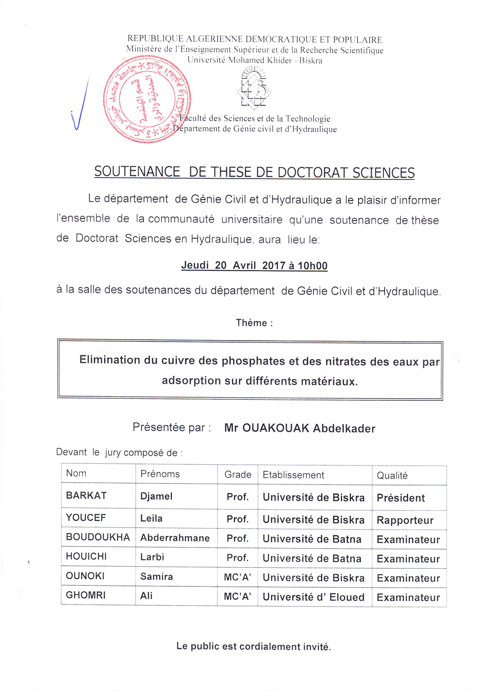 20 Avril 2017 – Mr OUAKOUAK Abdelkader