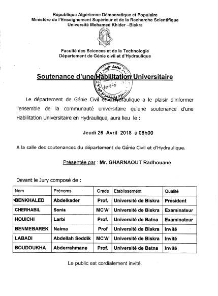 Mr GHARNAOUT Radhouane le 26 Avril 2018 à 08h00.