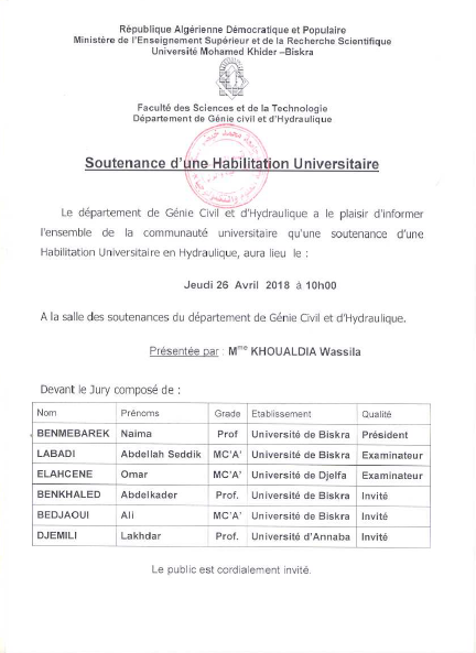 Mme KHOUALDIA Wassila le 26 Avril 2018 à 10h00.