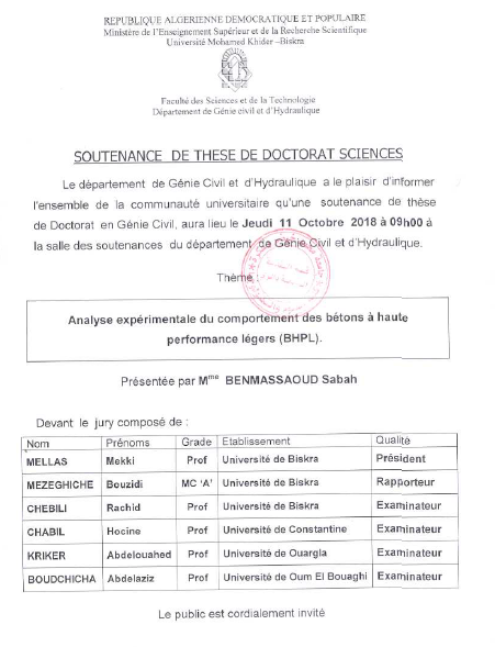 Mme BENMESSAOUD Sabah le 11 Octobre 2018 à 09h00