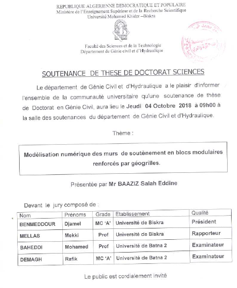 Mr BAAZIZ Salah Eddine le 04 Octobre 2018 à 09h00