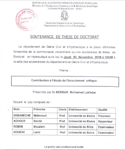 Mr NEBBAR Mohamed Lakhdar le jeudi 15 Novembre 2018 à 10h00
