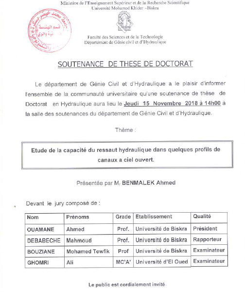 Mr BENMALEK Ahmed jeudi 15 Novembre 2018 à 14h00