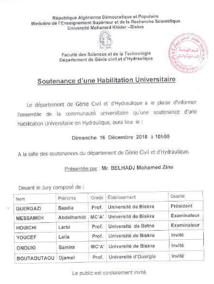 Mr. BELHADJ Mohamed Zine le 16 Décembre 2018 à 10h00