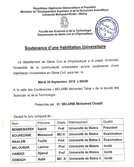 Mr. Belarbi Mohamed Ouejdi on September 24, 2019 at 09h.00