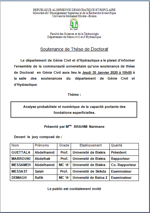 Mme BRAHMI Narimane le 30/01/2020 à 10h00