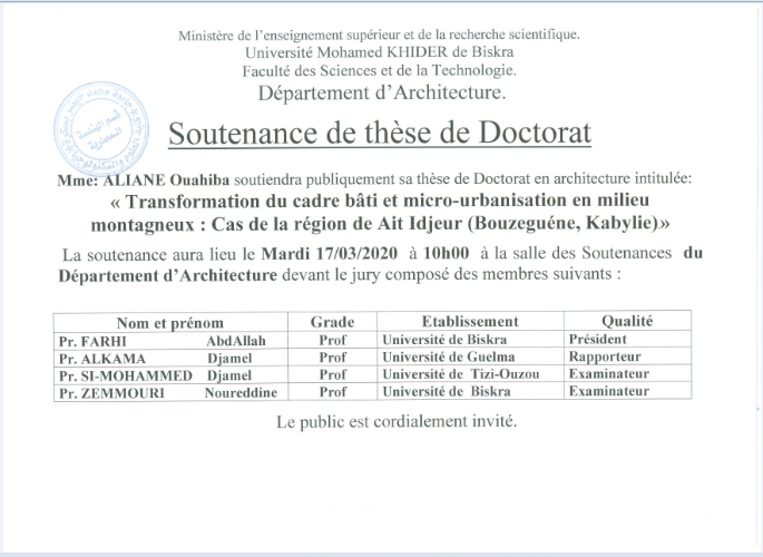 Mme. ALIANE Ouahiba le 17 Mars 2020 à 10h00