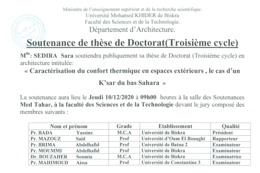 Melle. SEDIRA Sara le 10 Décembre 2020 à 09h00