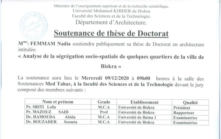 Mme. FEMMAM Nadia le 09 Décembre 2020 à 09h00
