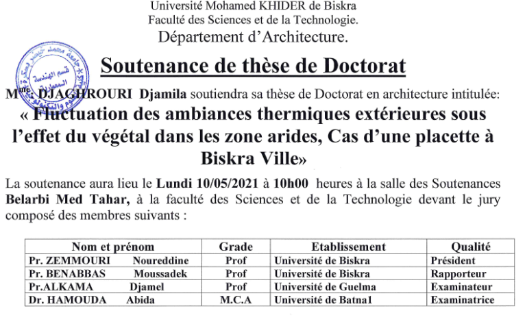 Mme.DJAGHROURI Djamila le 10 mai 2021 à 10h00