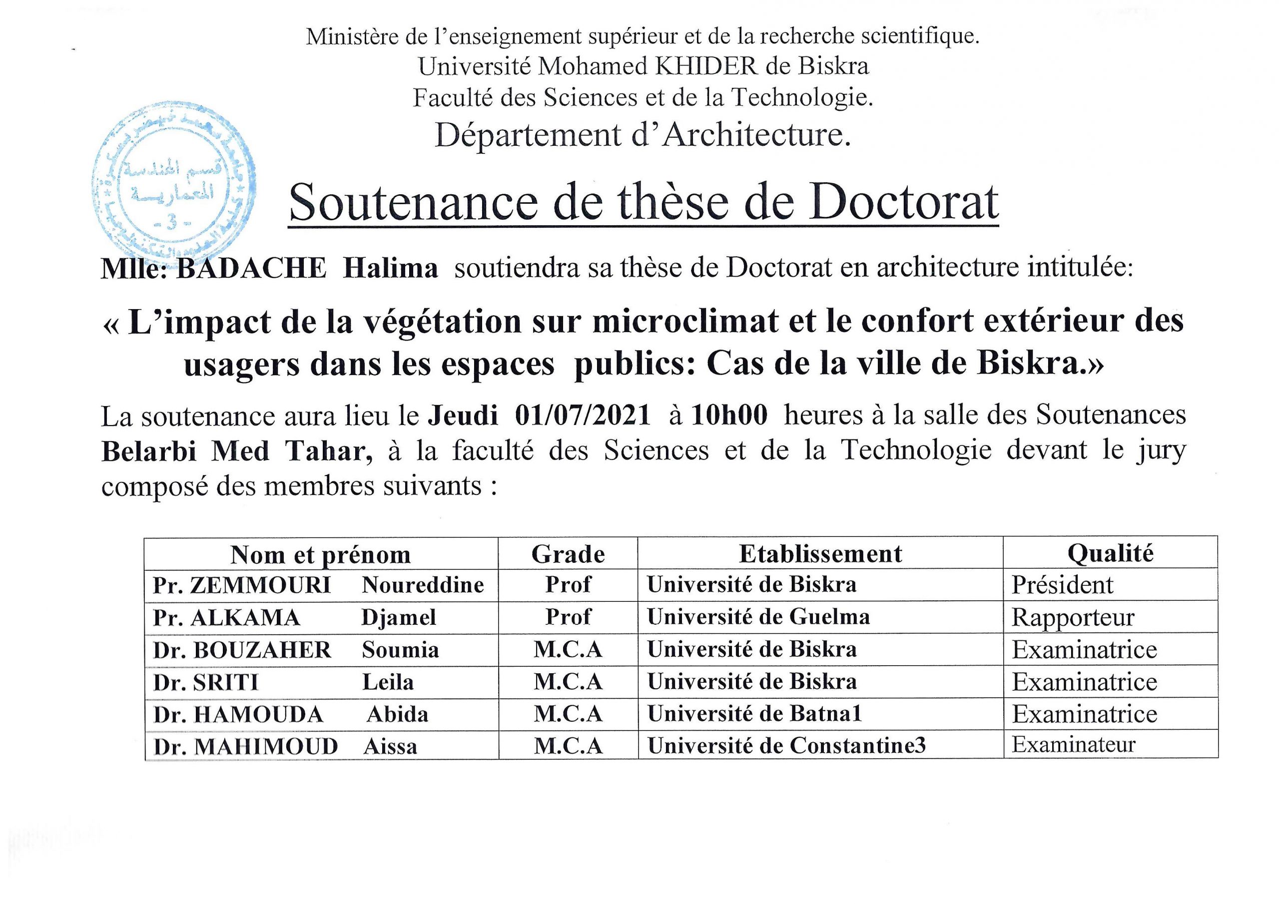 Mlle. BADACHE Halima le 01 Juillet 2021 à 10h00