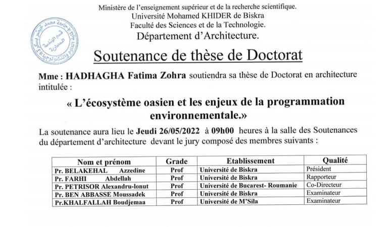 Mme.HADHAGHA Fatima Zohra le 26/05/2022 à 09h00