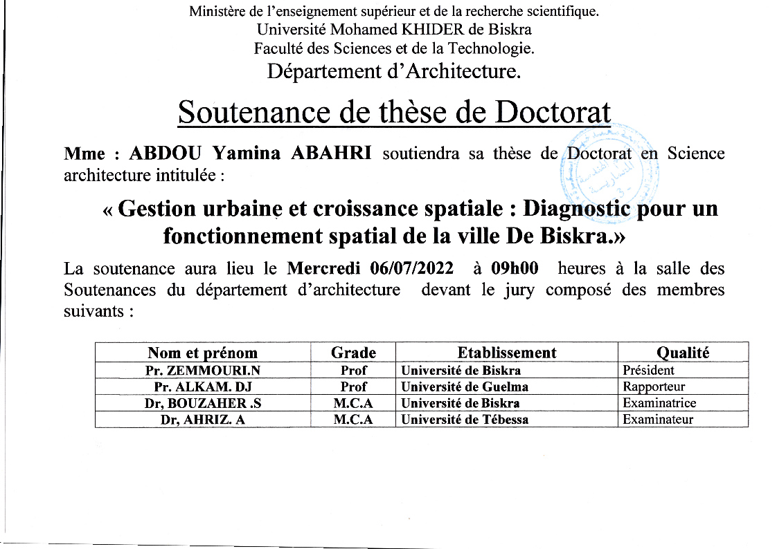 Mme.ABDOU Yamina ABAHRI le 06/07/2022 à 09h00